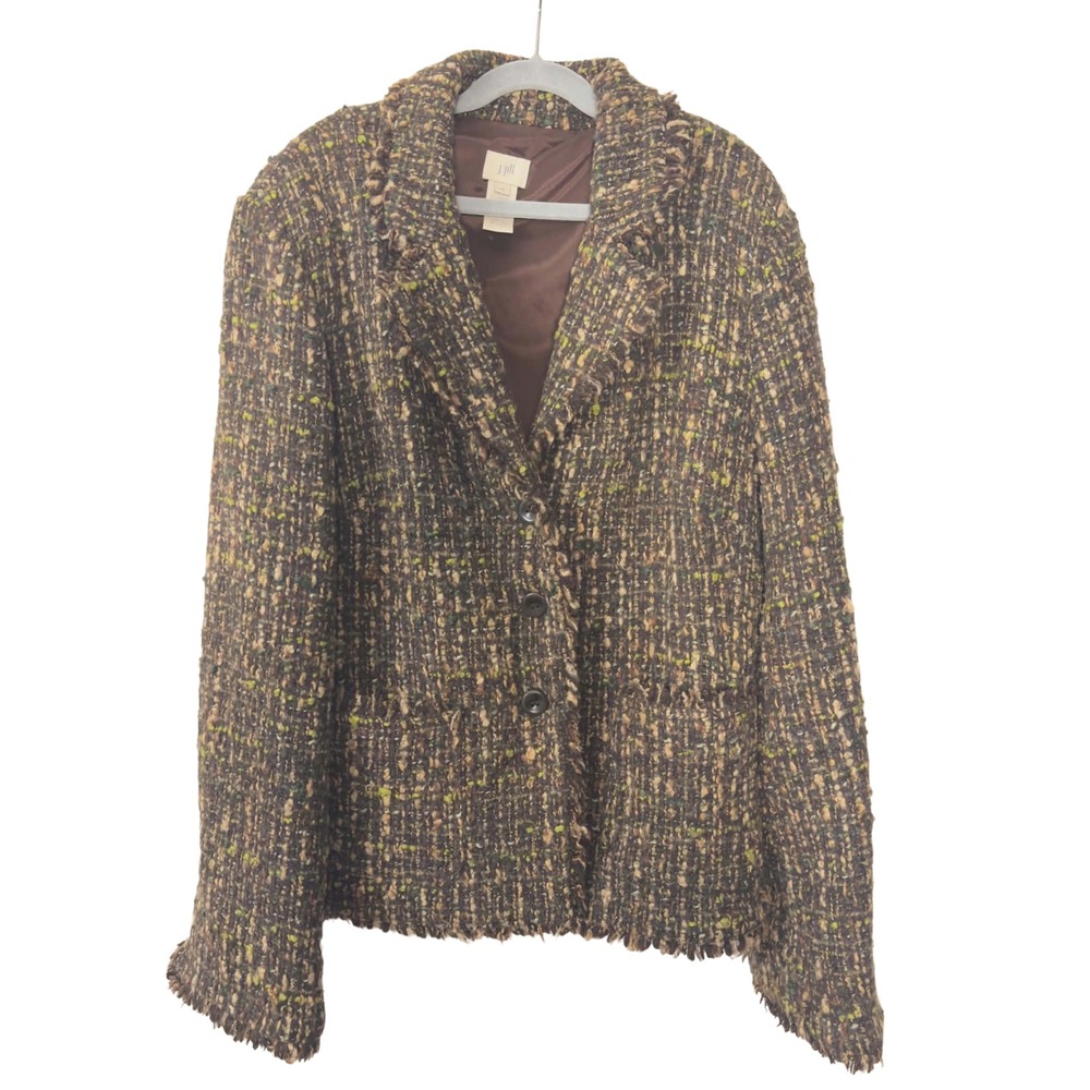 J.Jill Wool Blend Boucle Tweed Blazer Size 10 Brown Fringe Academia Jacket Women